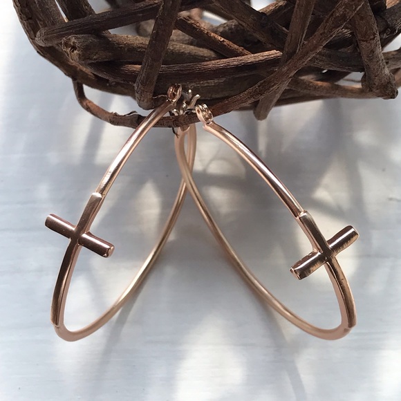 1 Left! Rose Gold Tone Hoop Earrings with Cross ✝️ - Picture 3 of 8
